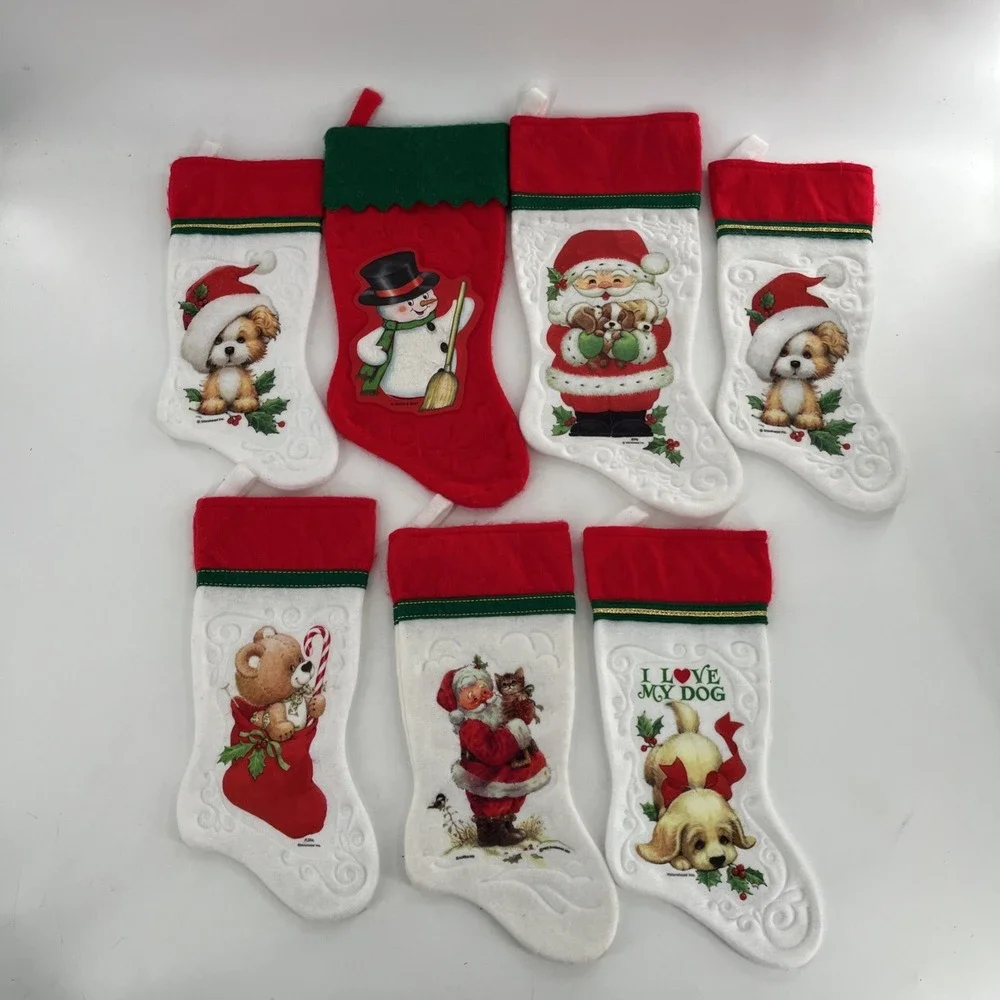 7 Felt 80s Christmas Stockings Morehead Santas Best Puppy Kitten Snowman Teddy‎